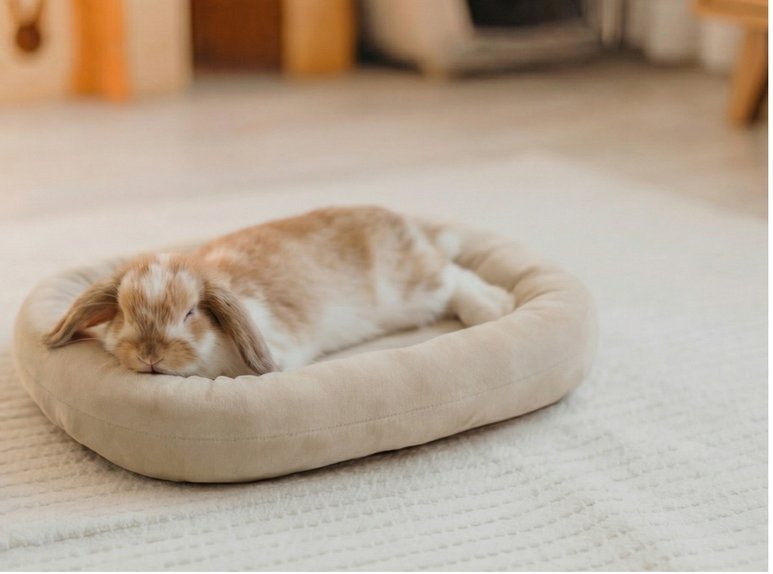 Lop-eared rabbit sleeping peacefully in a soft beige round bed
